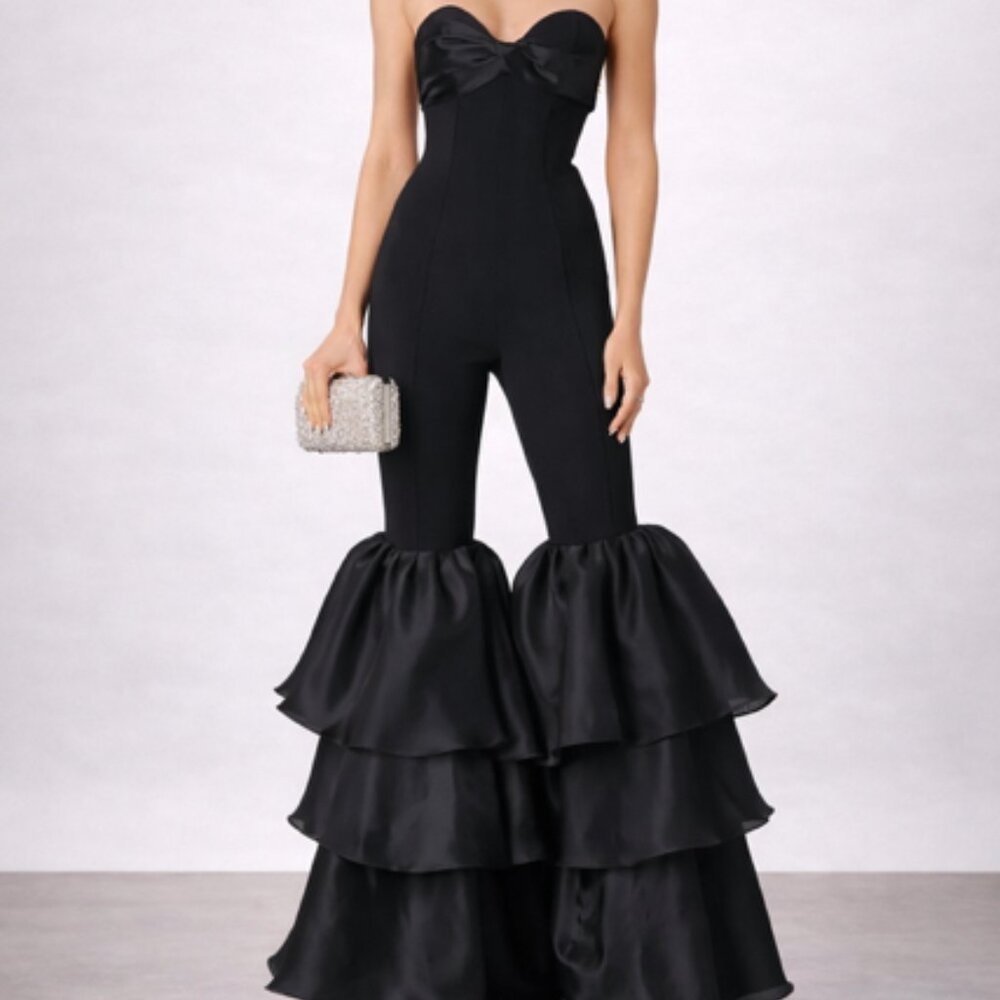 Strapless Black Ruffle Leg Jumpsuit